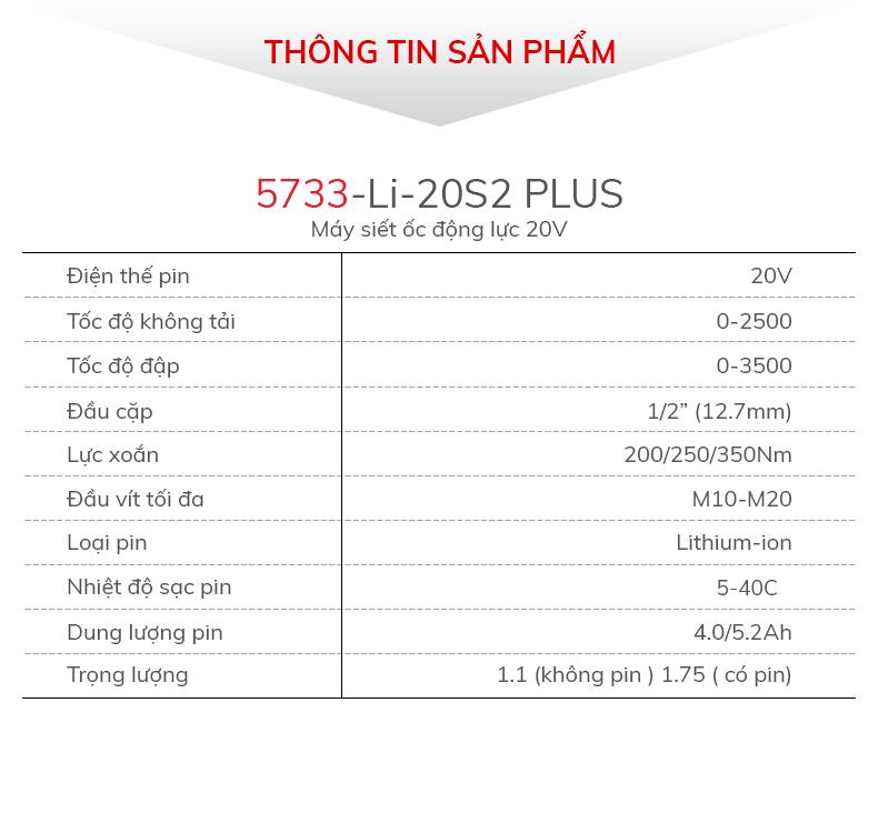 Máy siết ốc động lực DEVON 5733-Li-20S2 PLUS 20V (Túi xách+2 pin 5.2Ah)