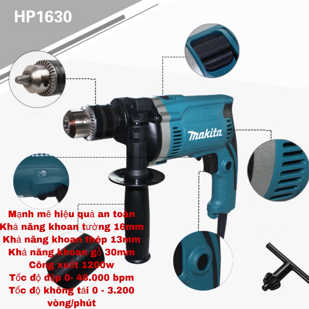 Máy khoan cầm tay makita chính hãng (mẫu 2024) hàng loại 1. Máy khoan điện Makita HP 1630 có khoan búa - khoang tường - máy đục bê tông - máy khoan gỗ - máy khoan sắt - khoan lõi đồng 100%