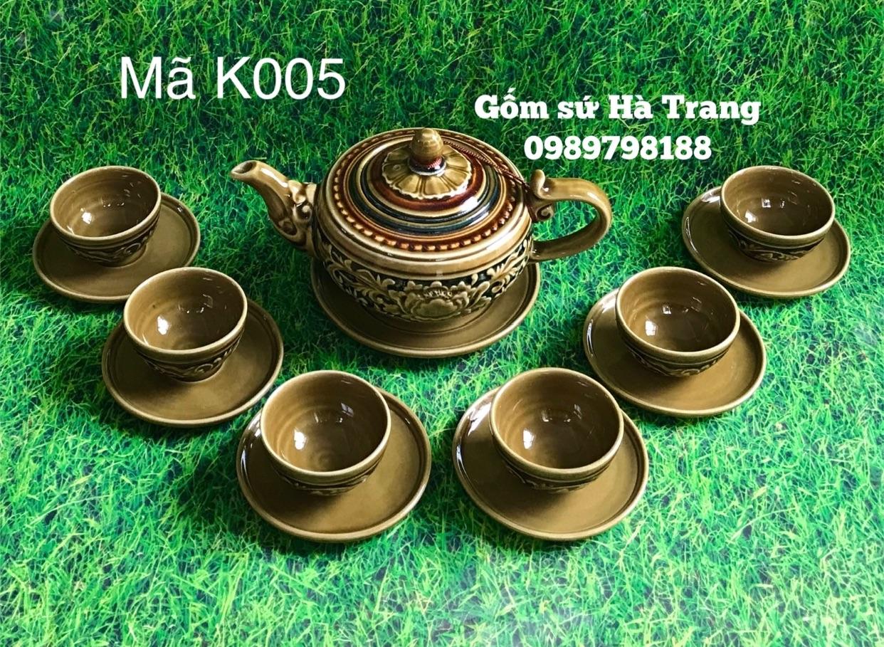 Bộ ấm chén Bát Tràng cao cấp hoạ tiết khắc chìm
