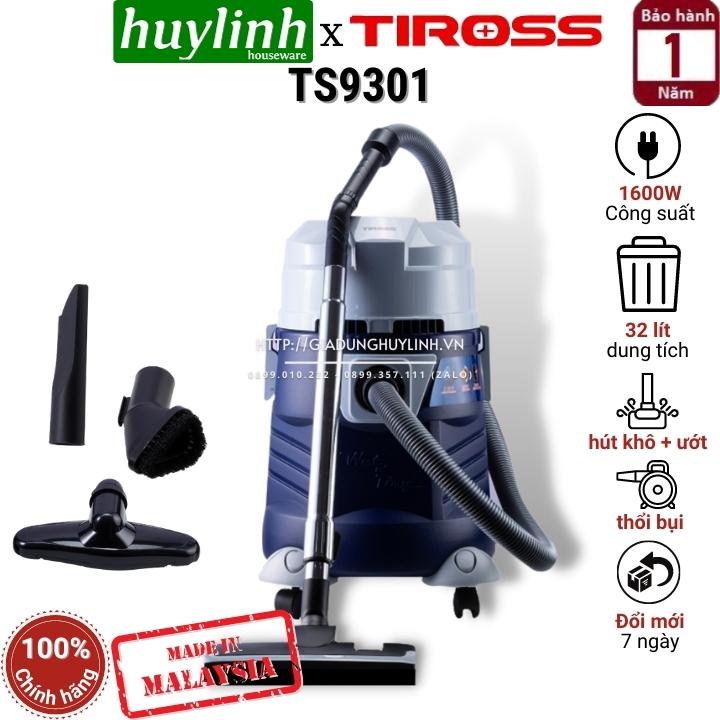 Máy hút bụi công nghiệp Tiross TS9301 - Dung tích 32 lít - Sản xuất tại Malaysia - 3 Chức năng Hút khô - ướt - thổi bụi