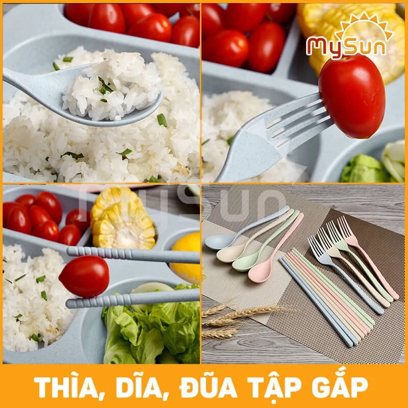Bộ dụng cụ 6 món khay chén bát ăn dặm, ăn cơm lúa mạch cho bé chống đổ trượt