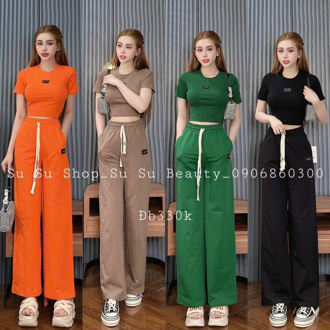 Sét bộ nữ thời trang mặc đi chơi chất thun gân áo croptop cổ tròn tay ngắn mix quần dài ống suông lưng cạp chun thắt dây cao cấp