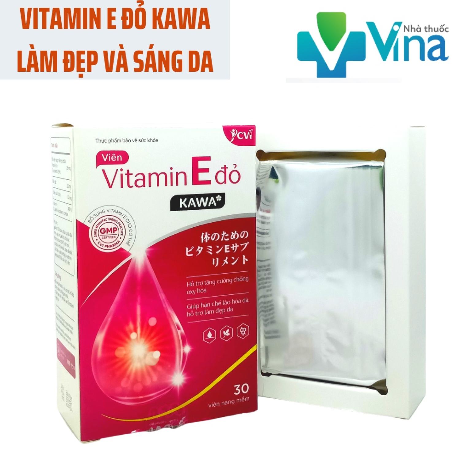 Vitamin E đỏ KAWA* - Giúp làm đẹp da, sáng da, chống lão hóa, sạm da (Hộp 30 viên) [Chính hãng]