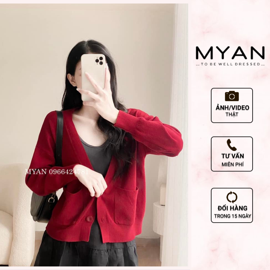 Áo cardigan cổ v myan áo khoác len cúc dọc 2 túi trước màu be, cam, đỏ, đen a092208