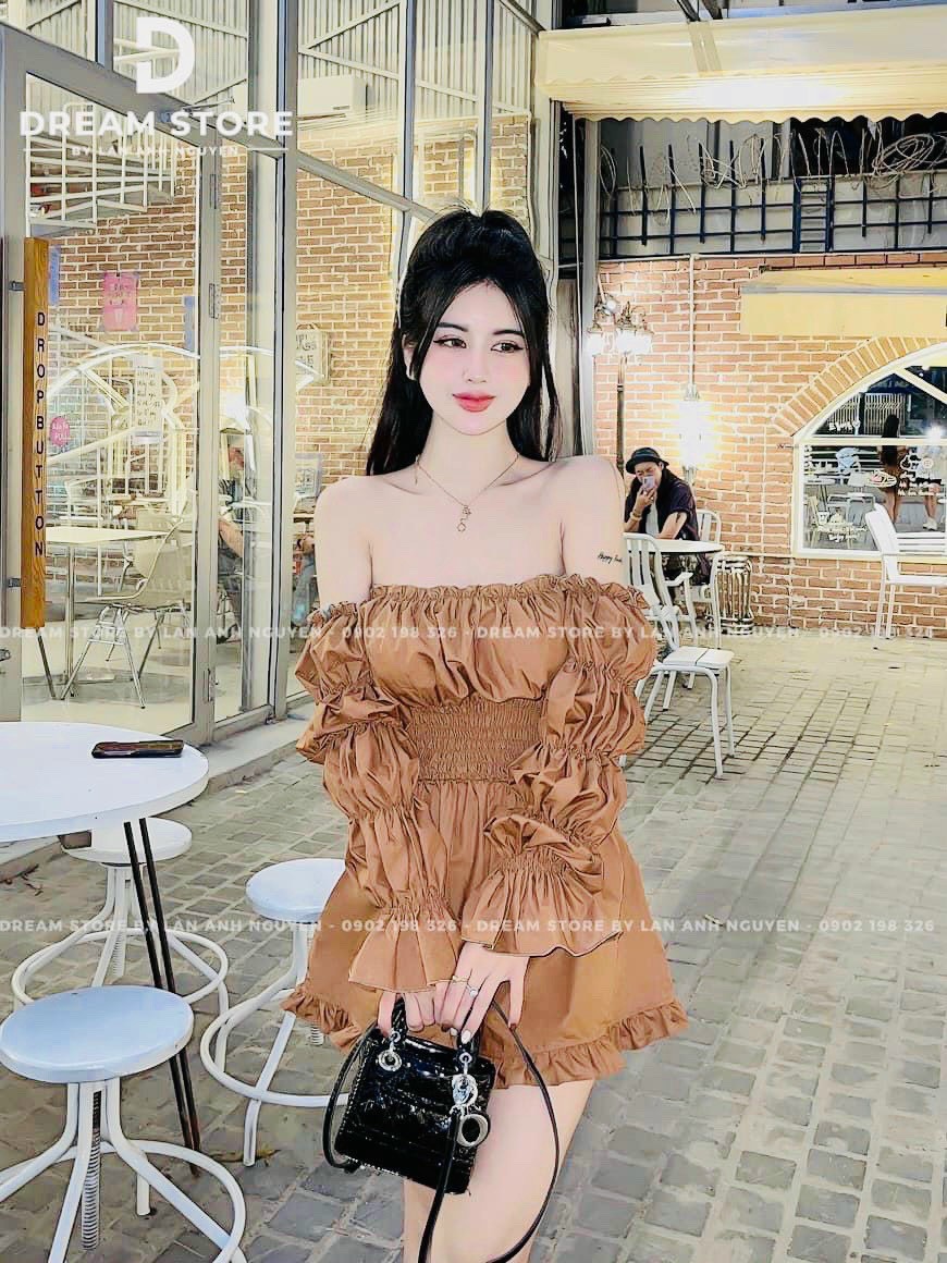 Jum nữ trễ vai chun bèo chất vải kate, Jum kate dài tay dáng ngắn trễ vai nhún ngực xếp tầng sang chảnh, Jum nữ ba màu tay dài bẹt vai nhún ống xòe nhún cột dây