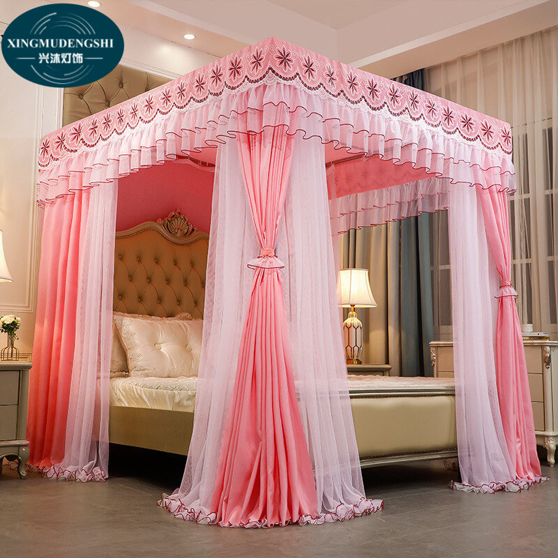 XMDS Double-layer double-bar double-pulled bed curtain mosquito net princess curtain bed curtain embroidered lace stainless steel bracket