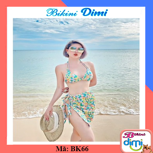 Bộ bikini bơi 2 mảnh hoa nhí kèm váy xanh lá