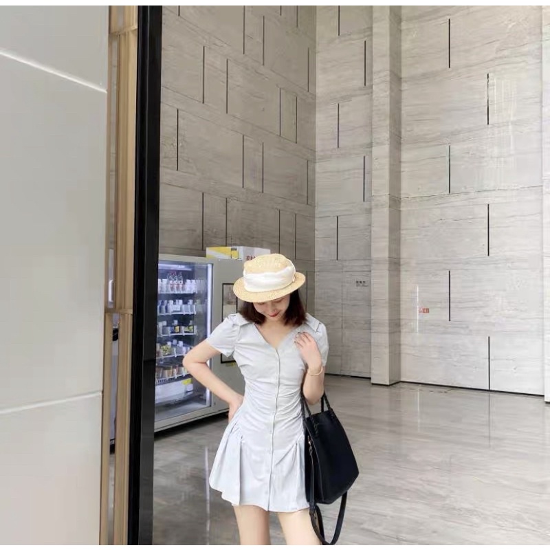 Váy đầm sơ mi bo eo dáng xoè kèm ảnh thật