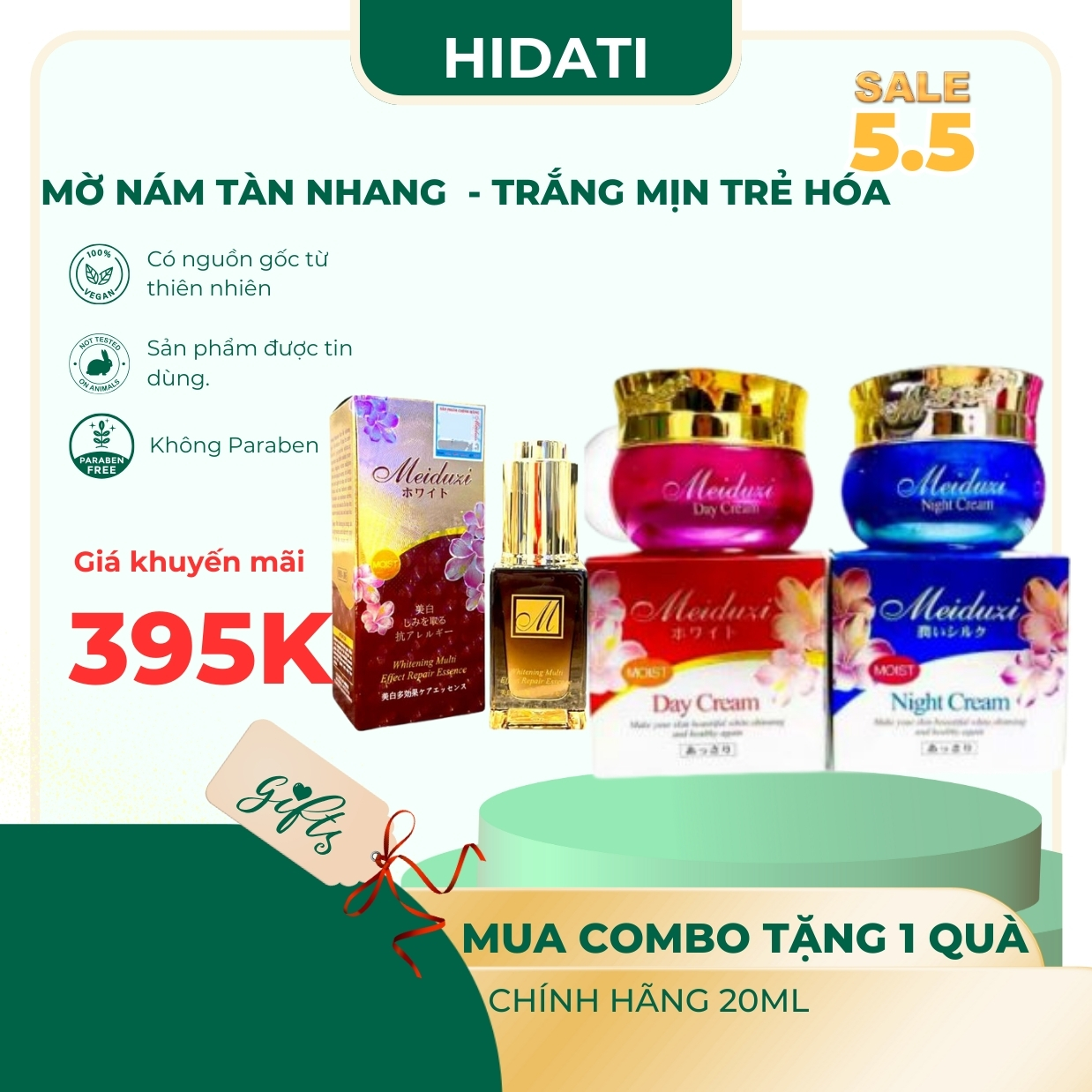 Combo kem Meiduzi  chính hãng với lá vàng 24k Gold, Dung tích 15ml chai thủy tinh hộp niêm phong