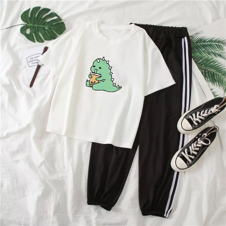 Sét Bộ Đồ Quần Áo Nữ Ngắn Tay Siêu Xinh Dễ Thương, Áo Cotton Organic In Khủng Long Uống Trà Sữa Kèm Quần Thun Bo Gấu