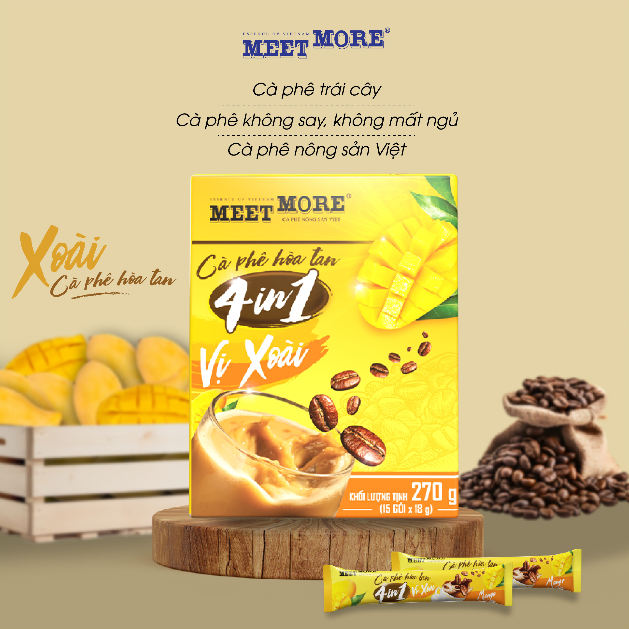 Hộp Cà Phê Hòa Tan 4in1 Vị Xoài Meet More (15 Gói/ 18 Gram) - Cà phê nông sản Việt