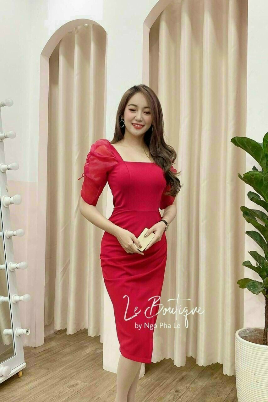 Đầm dự tiệc body tay phồng xếp ly tà xẻ chất liệu umi phối voan thời trang dự tiệc loca