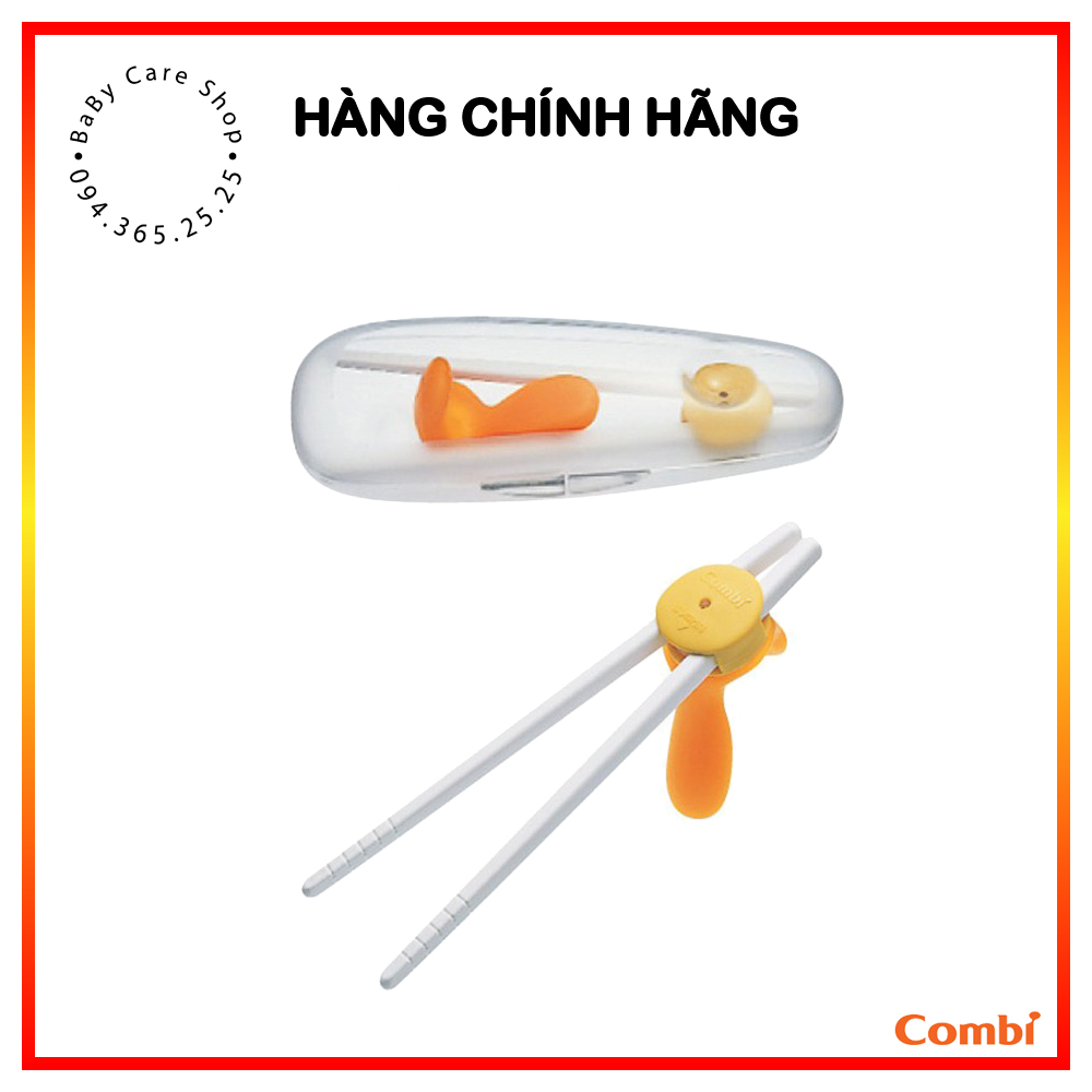 Đũa tập ăn Combi có hộp màu cam, thuận tiện cho bé tập cầm đũa từ những ngày đầu