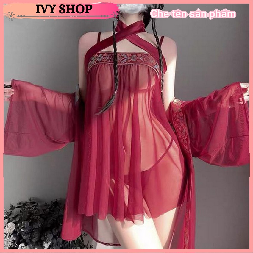 Bộ đồ ngủ cosplay tân nương cổ trang gồm áo choàng + yếm + quần lót lọt khe T gợi cảm, Set đồ ngủ cao cấp cosplay cổ trang