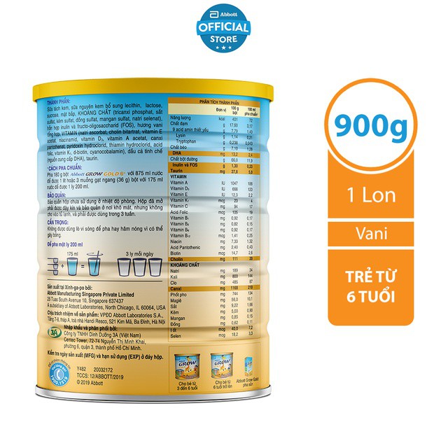 Sữa bột Abbott Grow Gold 6+ 850g