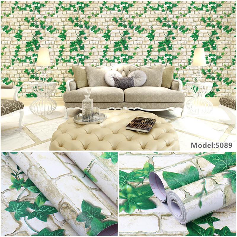 10m giấy dán tường gạch dây leo xanh ( cuộn dài 10m khổ rộng 45cm, giấy có keo sẵn)
