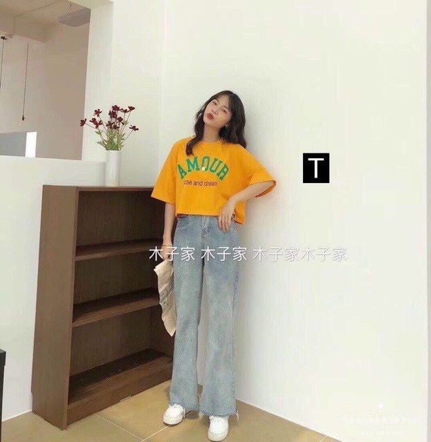 Áo Croptop nữ form rộng Unisex AMOUR Freesize 45-70kg áo thun nam form rộng tay lỡ áo phông nữ form rộng