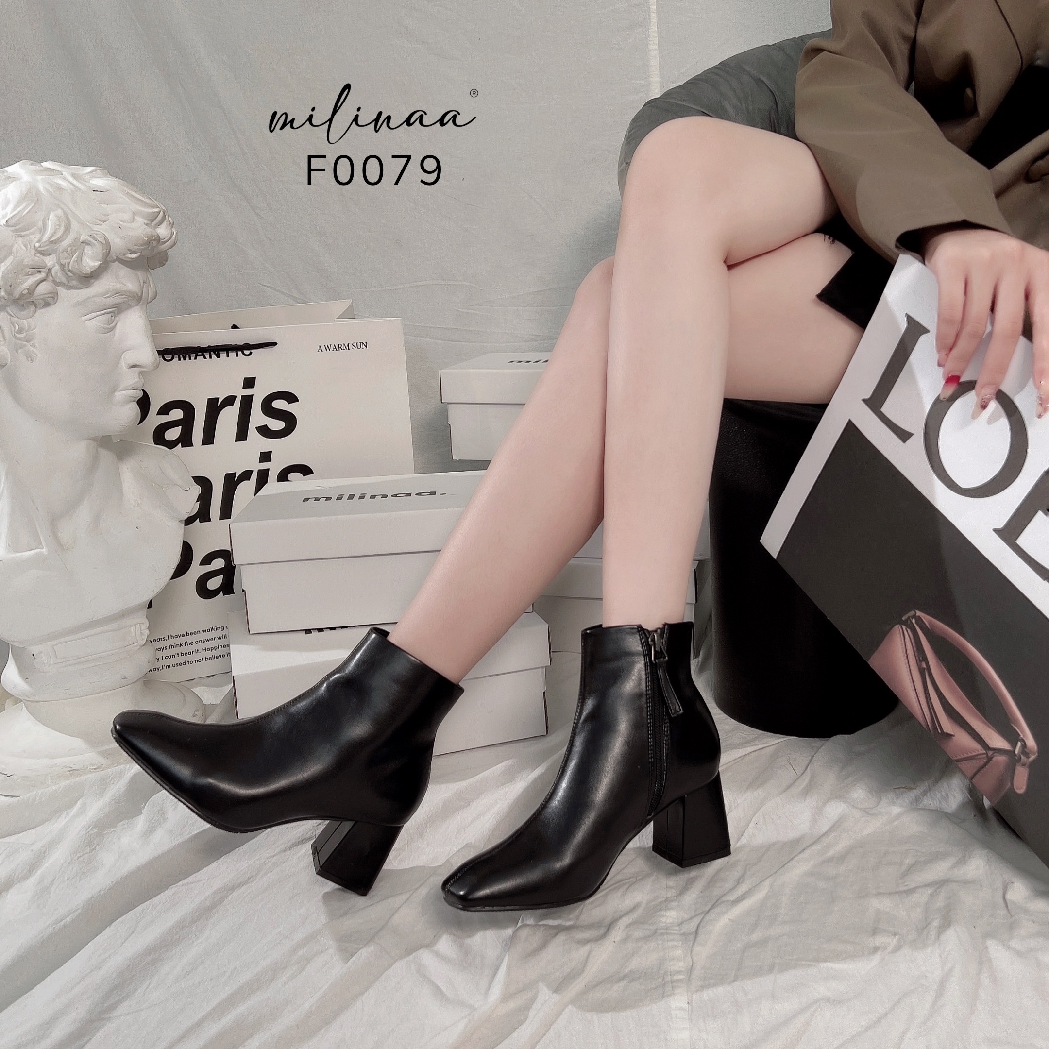 BOOTS DA MỀM GÓT VUÔNG KÉO TRONG F0079
