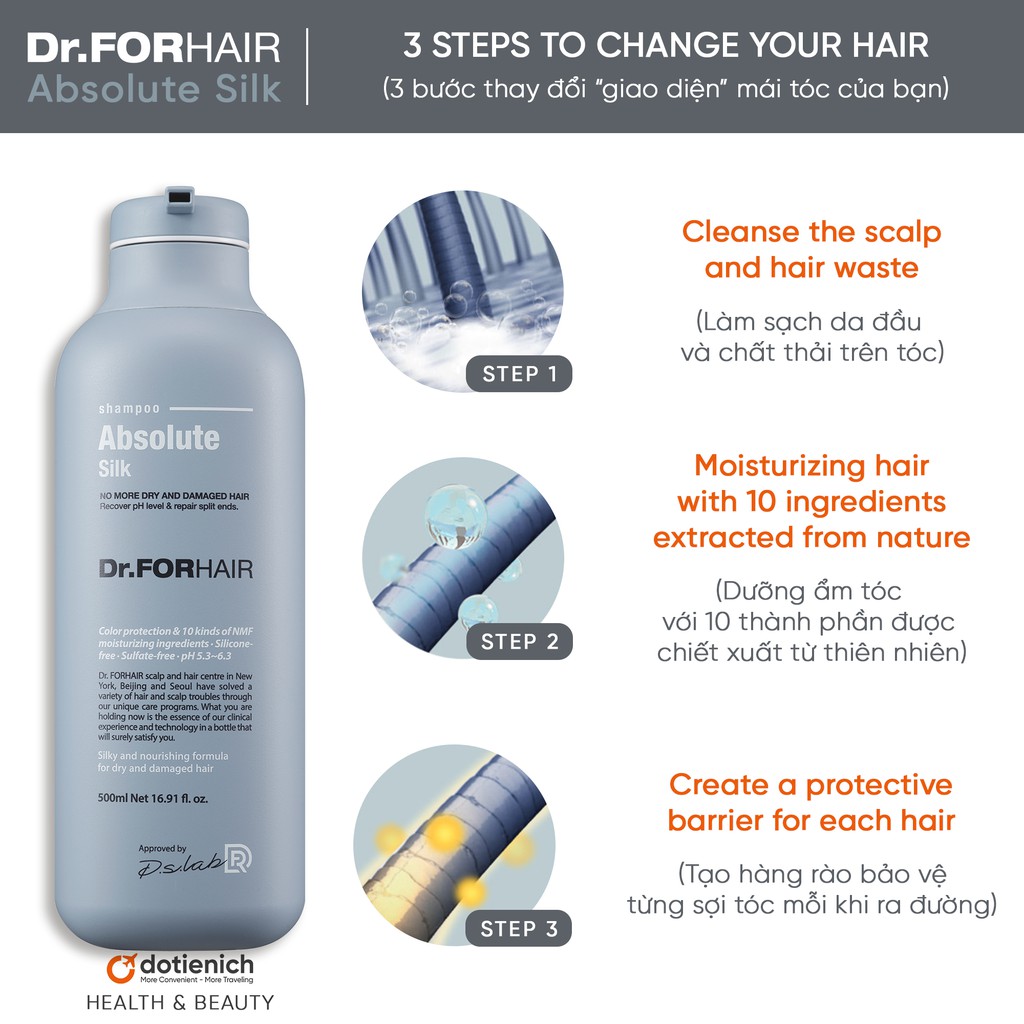 Combo Dr.FORHAIR Absolute Silk dưỡng tóc nhuộm, giữ màu tóc