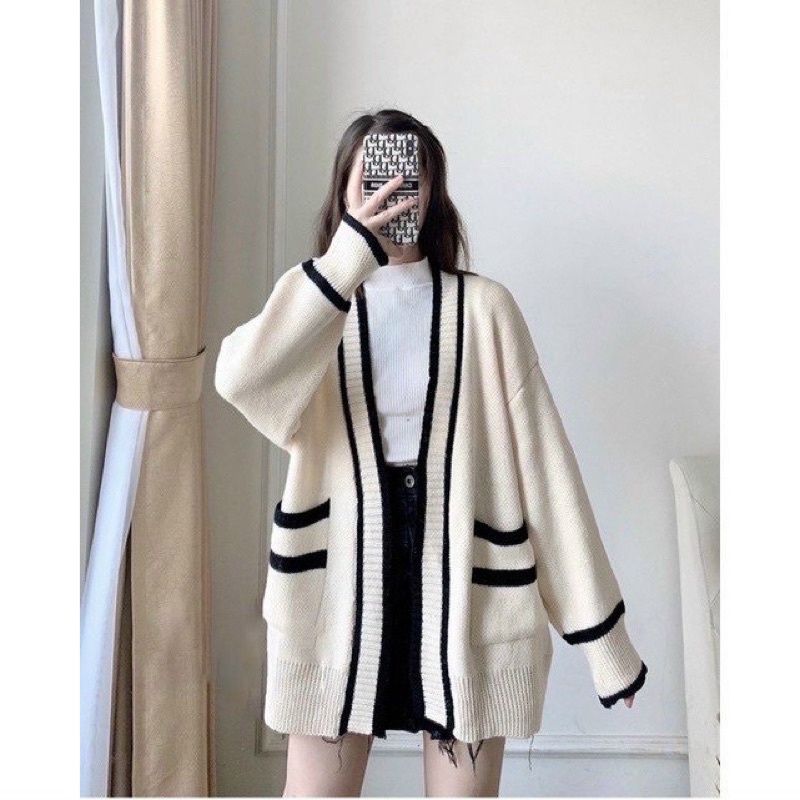 Áo khoác cardigan len dày phối viền Quảng châu