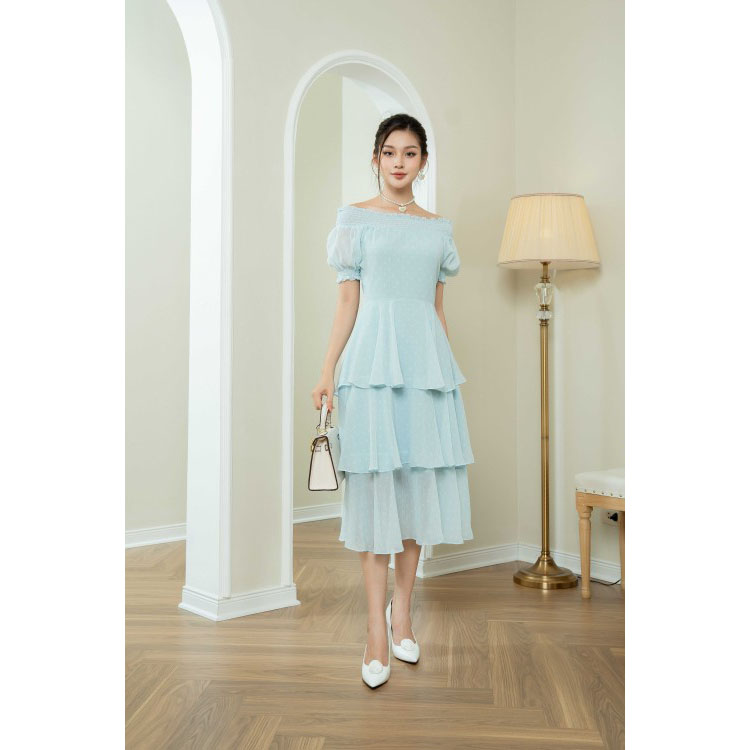 Đầm voan trễ vai chấm bi SIXDO (Polka Dot Midi Voile Dress)