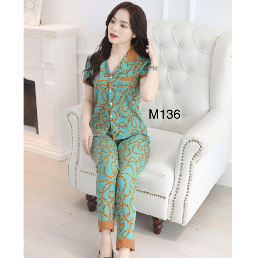 Đồ bộ mặc nhà pyjama nữ, bộ pizama lụa áo cộc quần dài mặc nhà sang chảnh