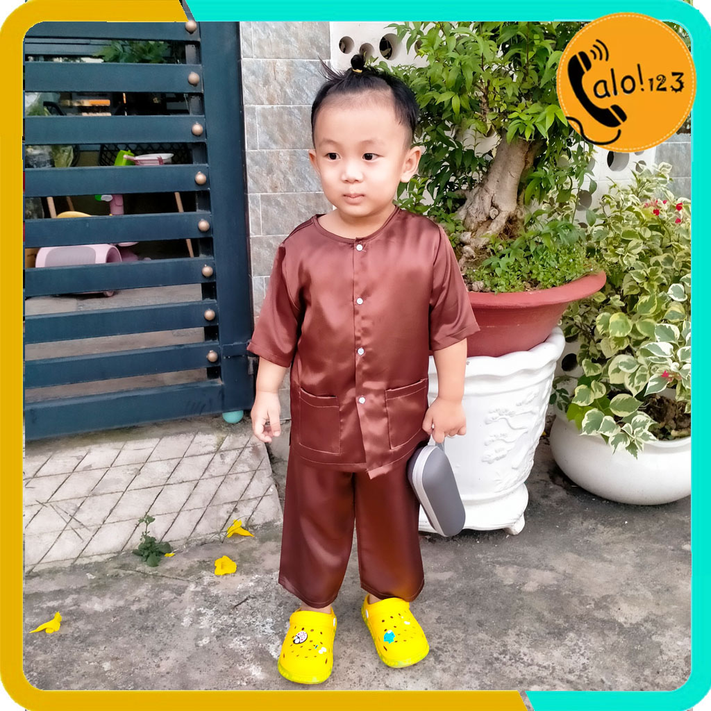 Áo Bà Ba Cho Bé Trai Và Gái Từ 1-6 Tuổi, Set Nguyên Bộ Quần+ Áo Màu Nâu, Chất Lụa Mát Mẻ