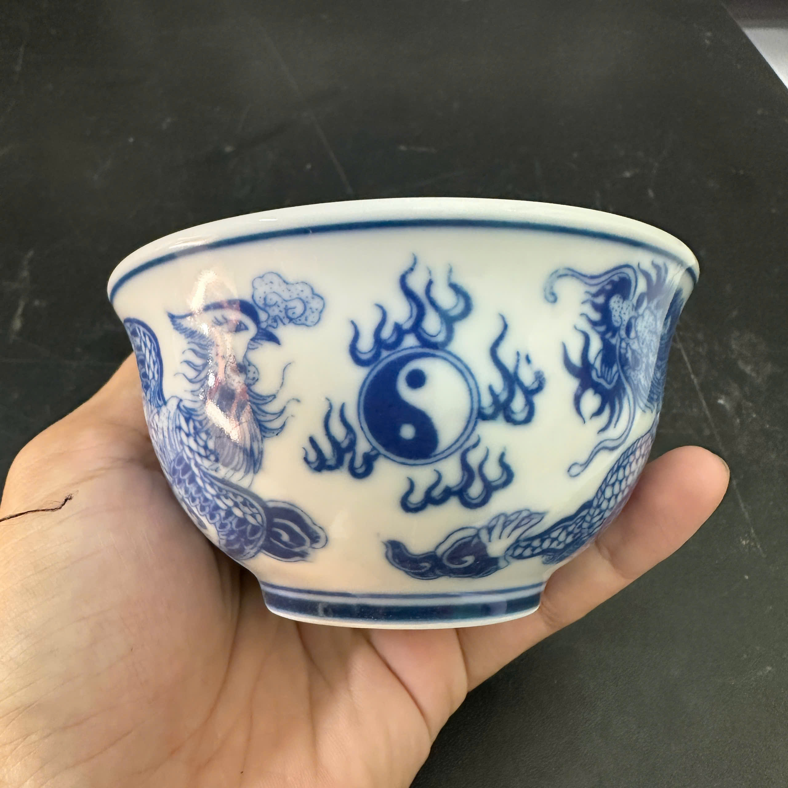 Blue Enamel Offering Bowl (Dragon and Phoenix/Lotus) - Worship Items