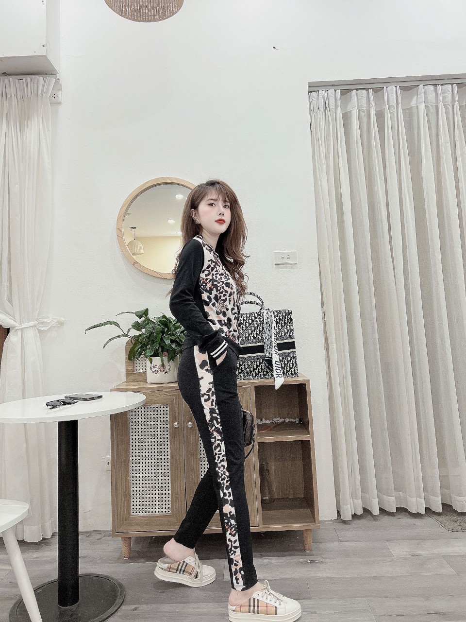 Đồ bộ thun cotton tay dài phối da beo