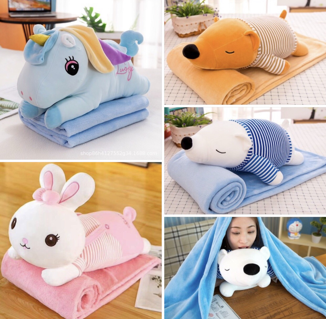 Bộ chăn gối văn phòng hình thú dài 2 trong 1