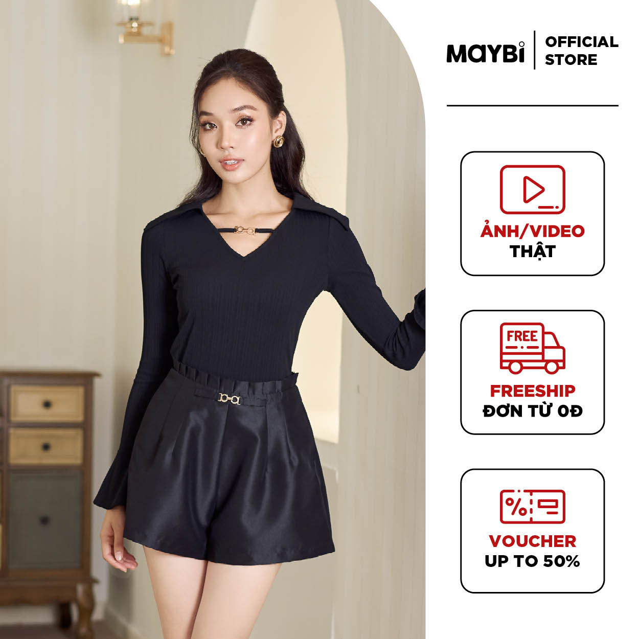 Áo ôm thun sọc kiểu tay loe Maybi