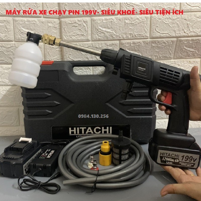 Máy rửa xe dùng pin mini, Máy xịt rửa tăng áp Hitachi 199V áp lực cao 1400W [Tặng 2 pin+ bình tạo bọt]