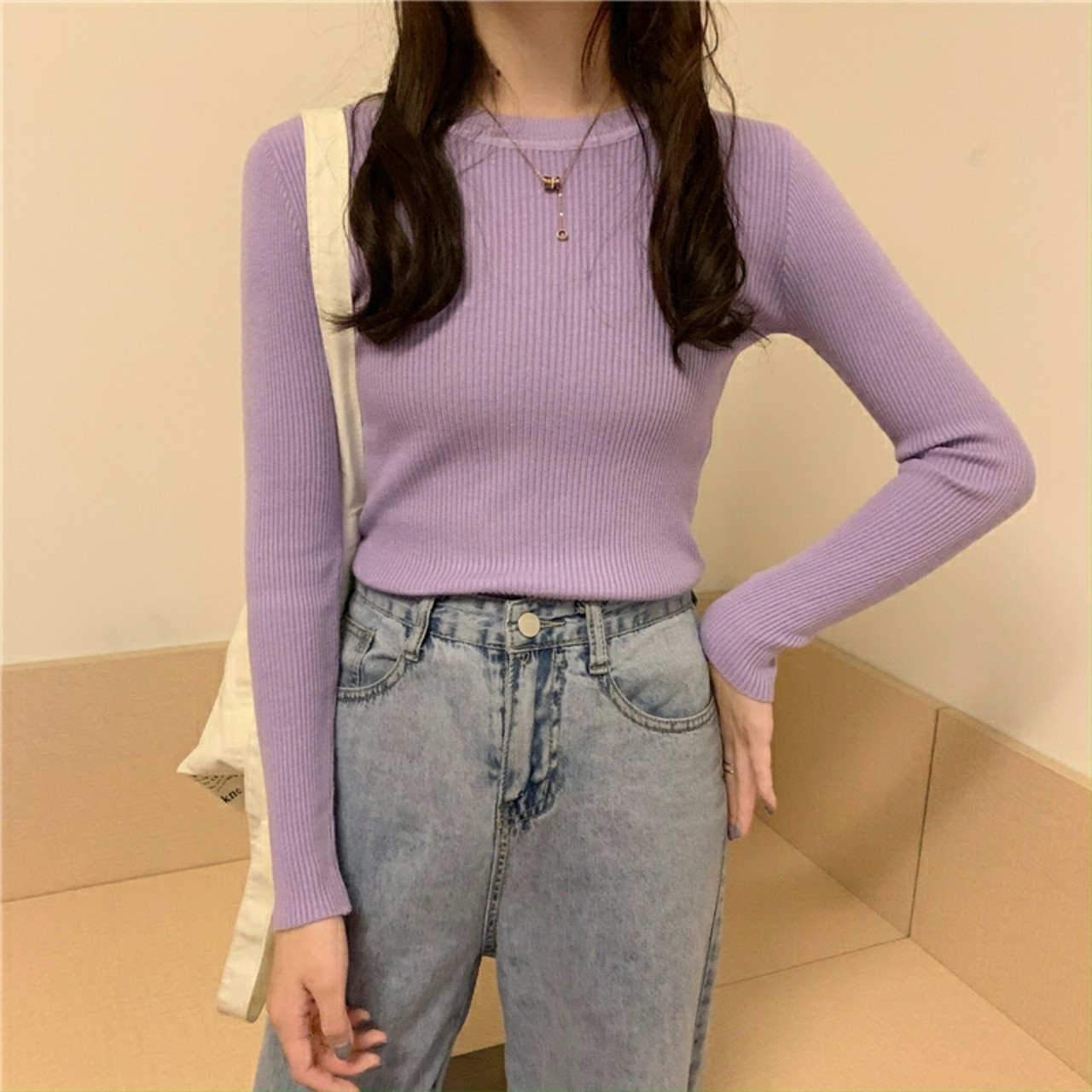 Áo thun gân len cổ tròn dài tay nữ ANHSTORE phong cách Hàn Quốc, chất thun gân len mềm mịn