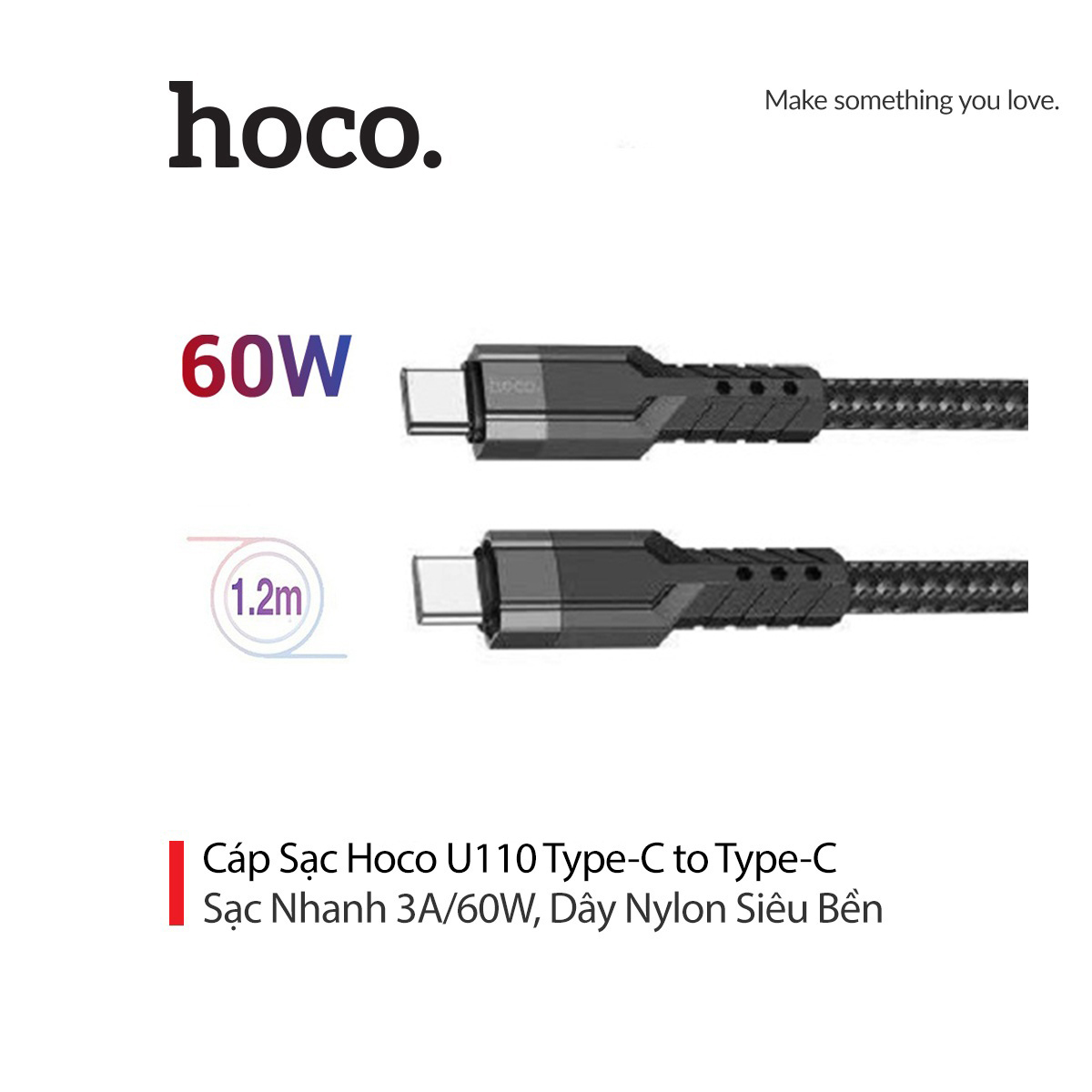 Cáp sạc 60w hoco u110 type-c sang type-c sạc nhanh 3a cho android dài 1.2m
