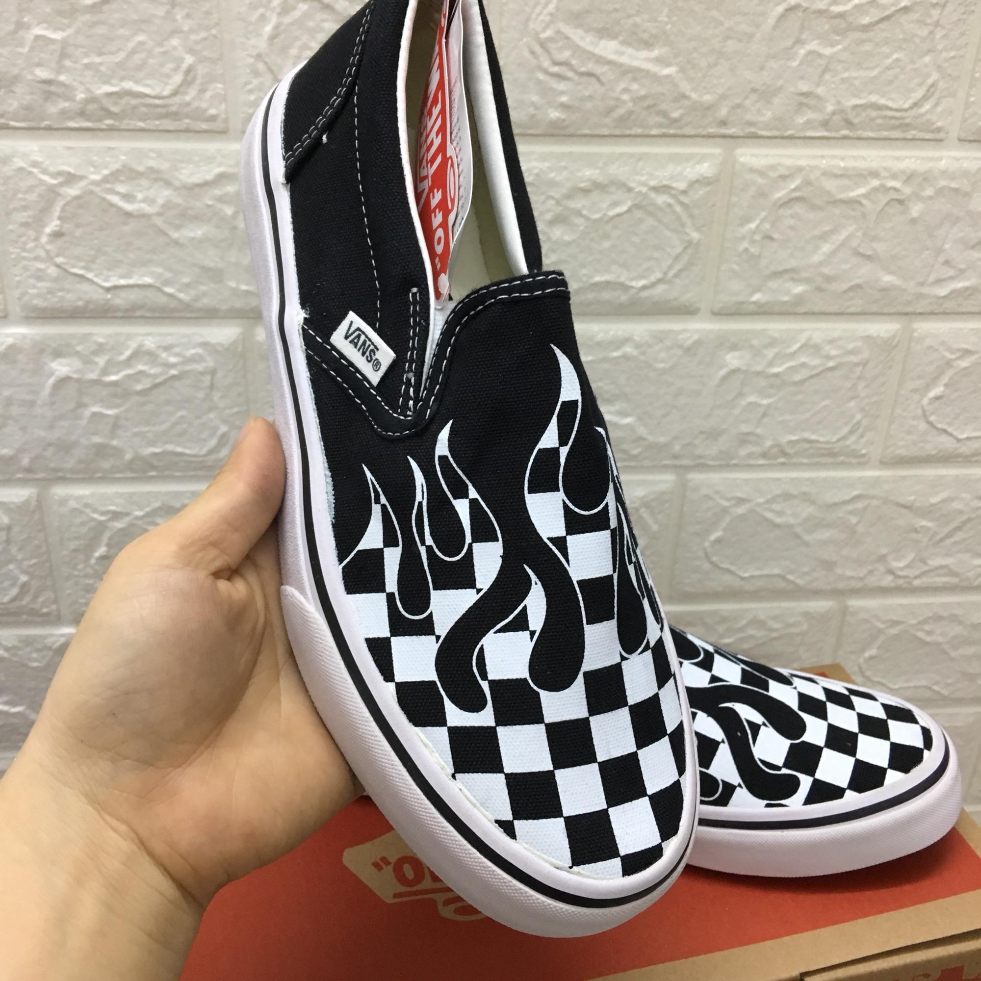 [SALE SỐC 3 ngày +TẶNG HỘP] Giày thể thao lười caro lửa ĐEN TRẮNG size 36-43