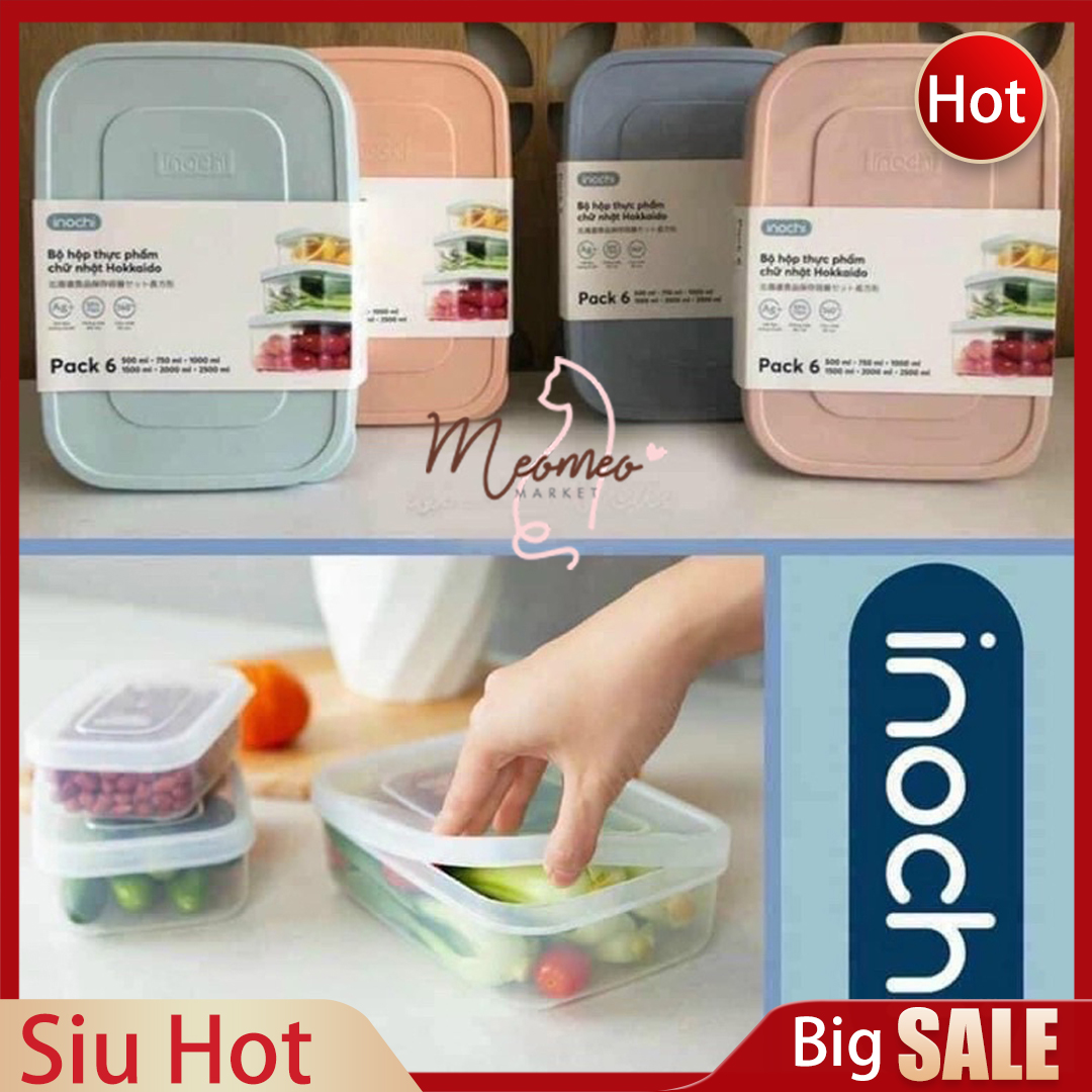 [Hàng Chính Hãng] Bộ 6 Hộp Nhựa Đựng Thực Phẩm Chữ Nhật Inochi Đủ Size Siêu Tiện Lợi (500-750-1000-1500-2000-2500ml)