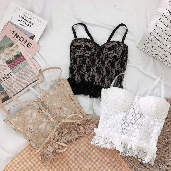 Áo hai dây áo ngực ren có mod sexy girl form 50kg áo croptop áo hai dây áo đan dây sau lưng