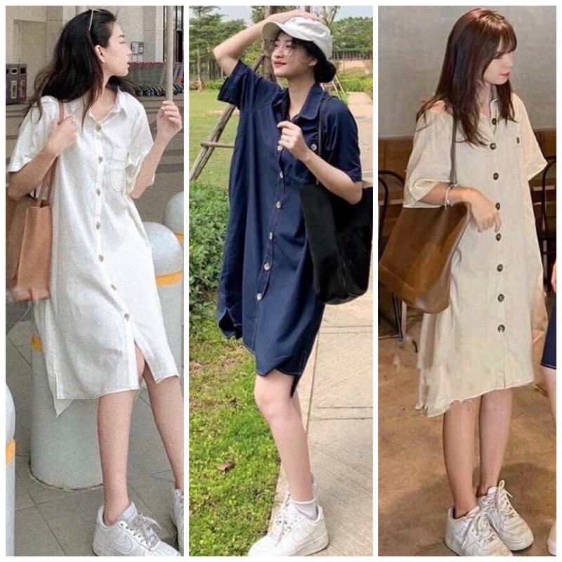 Đầm sơ mi lệch tà viền chỉ 3 màu