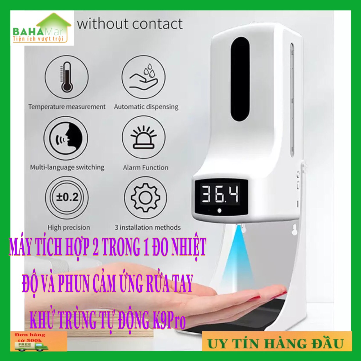 Máy tích hợp 2 trong 1 đo nhiệt độ và phun cảm ứng rửa tay khử trùng tự động k9pro "bahamar"