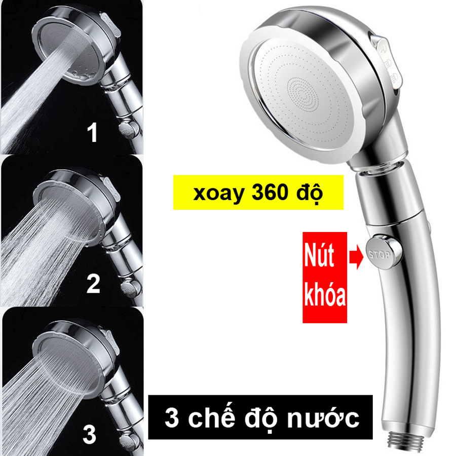 Đầu Vòi Tắm Hoa Sen Tăng áp 3 chế độ Phun, Có Nút Khóa Nước, Xoay 360 độ Hàng Xịn - SSA330 (có video)