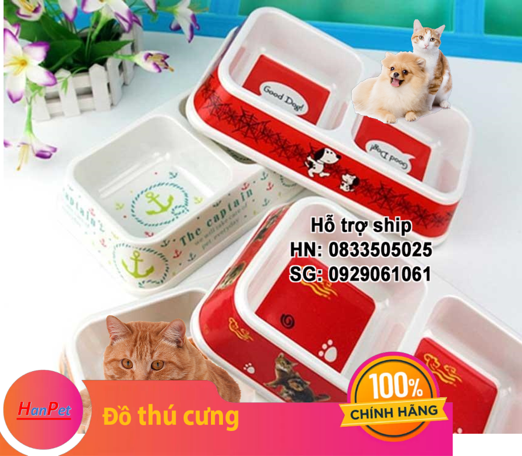 Hanpet - Bát / Chén ăn cho chó mèo - Bát nhựa 2 ngăn vuông cao cấp- bát chống lật chó / bát ăn mèo bát chống trượt / chén ăn chó bằng nhựa / khay ăn chó mèo hai ngăn