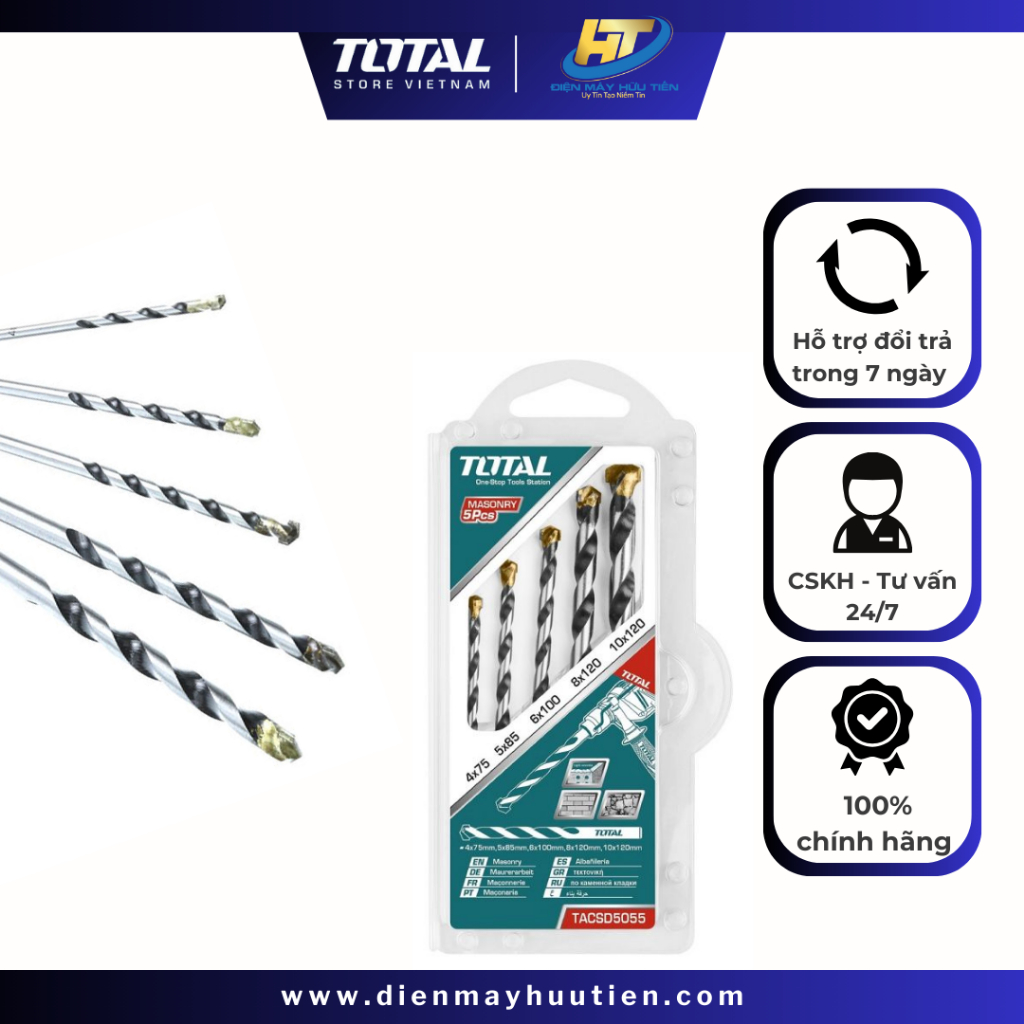 Bộ 5 mũi khoan bê tông TOTAL TACSD5055