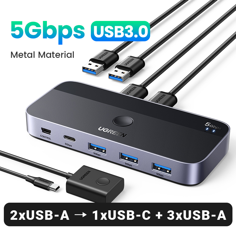 UGREEN 5Gbps Shared Switcher 2 Computer Share 4 USB Devices output 3 USB-A for keyboard Mouse Flash Disk Model:15705