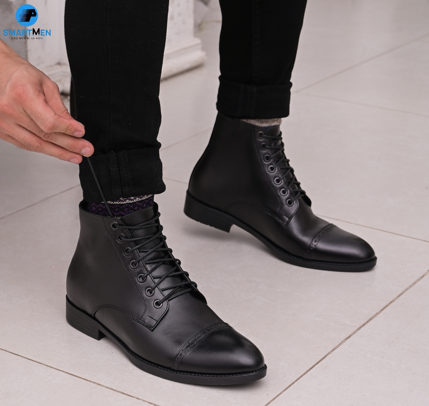 Giày Boot lửng cổ Tăng chiều cao Da bò SMARTMEN GD555 Đen