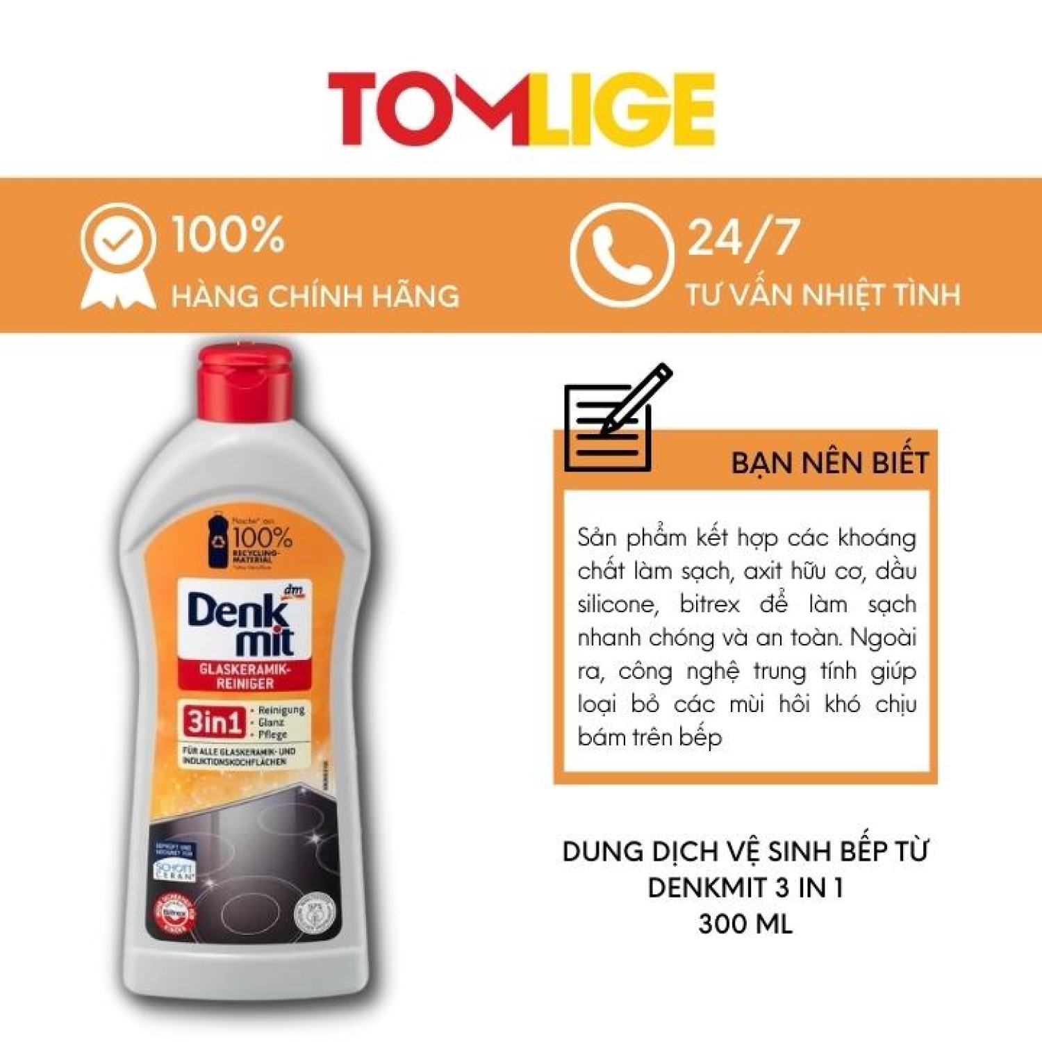 [Hàng Đức] Dung dịch vệ sinh bếp từ Denkmit 3 in 1 300ml Tomlige