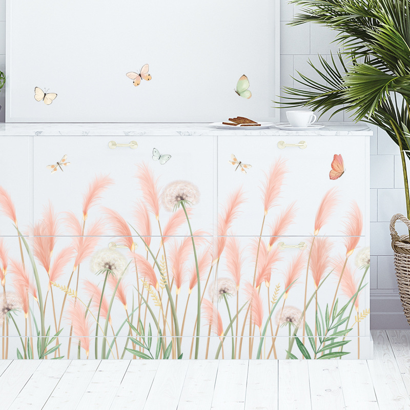 Decal dán tường chân tường cỏ lau hồng