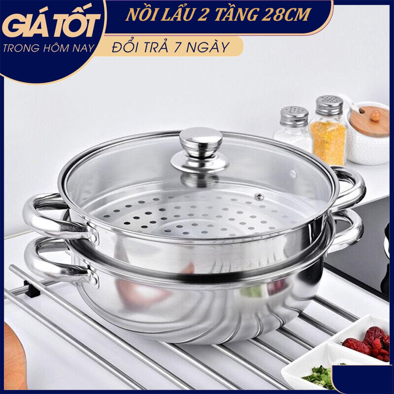 Nồi hấp cách thủy đa năng/Nồi lẩu kiêm nồi hấp 2 tầng inox/Nồi lẩu 2 tầng/nồi 2 tầng đa năng/Nồi Inox 2 tầng kèm nắp thuỷ tinh/Nồi Xửng hấp 2 tầng đa năng