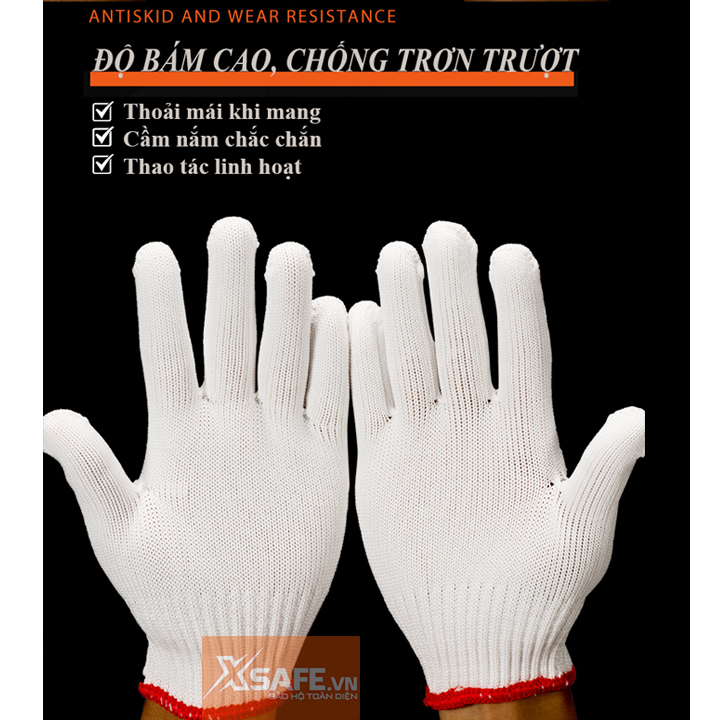 Găng tay bảo hộ sợi poly 50g ôm sát bàn tay, chống trơn trượt, chống giãn, thao tác linh hoạtGăng tay bảo hộ lao động