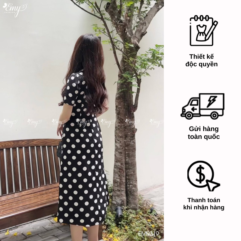 Đầm EMY EM9319 Xoè Chấm Bi Xanh Đen