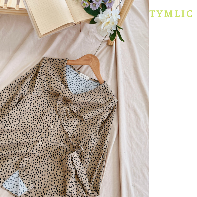 Áo Sơ Mi Tay Dài Chấm Bi Cổ Nơ Linen TYMLIC
